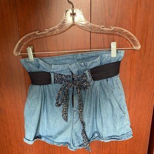 Blue high Waisted shorts with polka dot belt